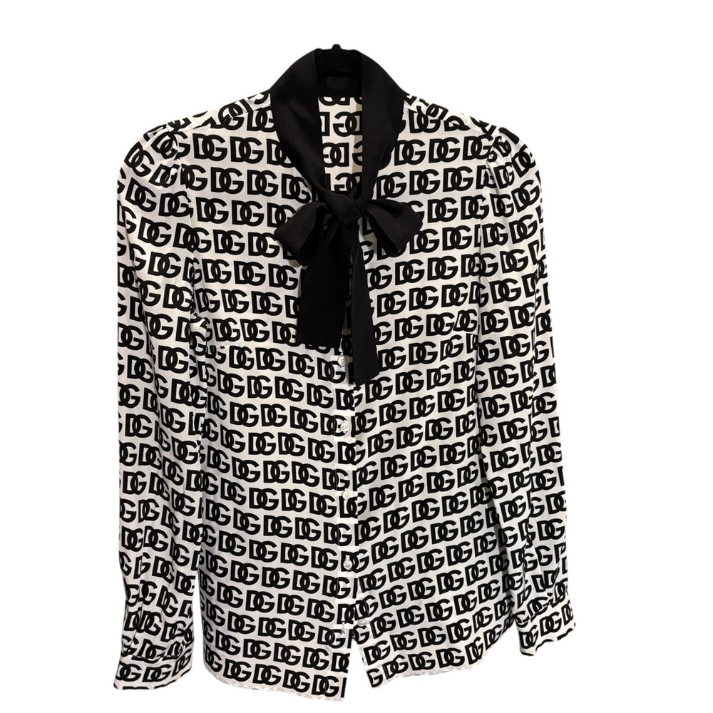 Dolce & Gabbana Silk Logo Neck Tie Long Sleeve Blouse Size Small IT 38